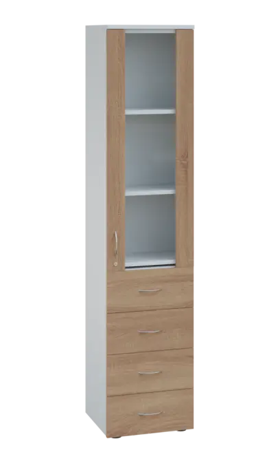 LE - 44 skříň léková prosklená, pravá, korpus bílý, dvířka dub bardolino